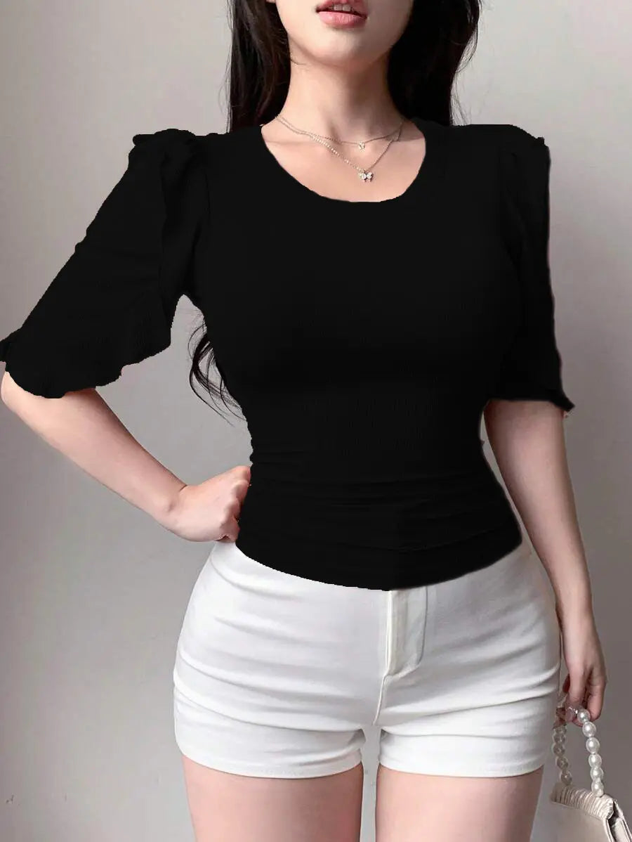 Black Ribbed Knit Ruffle Half Sleeves Korean Fashion Slim fit Top