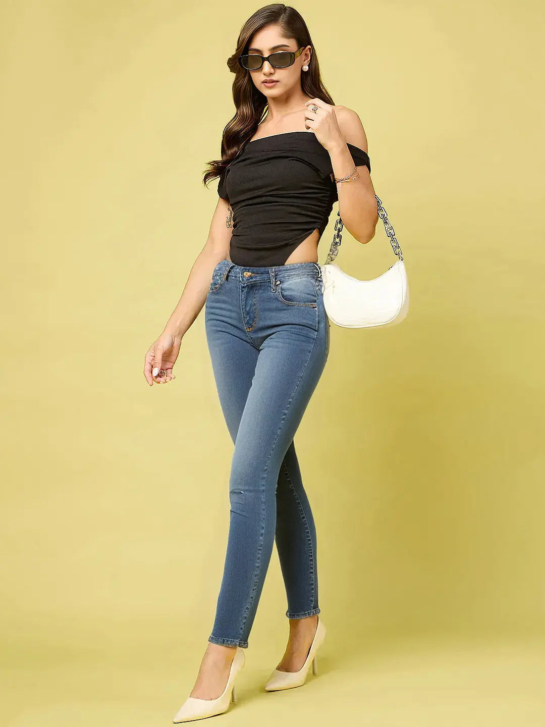 Istyle Can Black Women's Solid/Plain Asymmetric Hem Stretchable Draped Crop Top Istyle Can