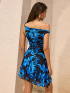Women's One-Shoulder Floral Mesh Mini Bodycon Dress