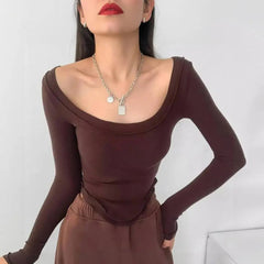 Istyle Can Brown Women’s U-Neck Long Sleeve Slim Fit Crop Top My Store