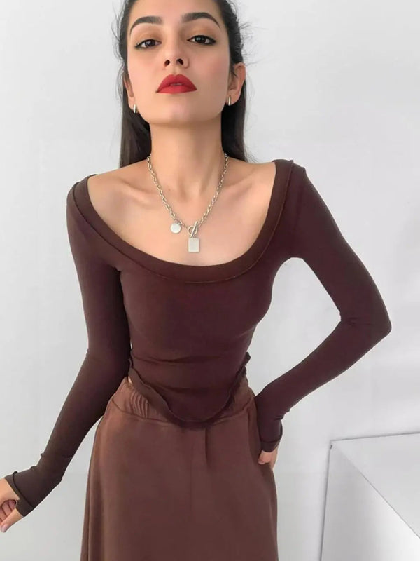 Istyle Can Brown Women’s U-Neck Long Sleeve Slim Fit Crop Top My Store