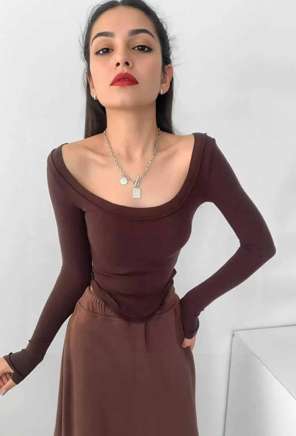 Istyle Can Brown Women’s U-Neck Long Sleeve Slim Fit Crop Top My Store