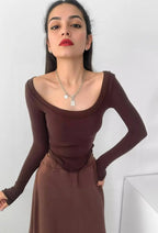 Istyle Can Brown Women’s U-Neck Long Sleeve Slim Fit Crop Top My Store