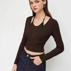 Istyle Can Brown Women’s Halter Neckline Knotted Cross-Wrap Crop Top (Copy) My Store