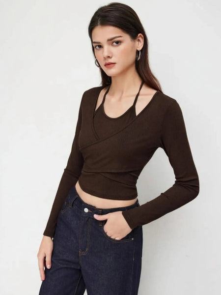 Istyle Can Brown Women’s Halter Neckline Knotted Cross-Wrap Crop Top (Copy) My Store
