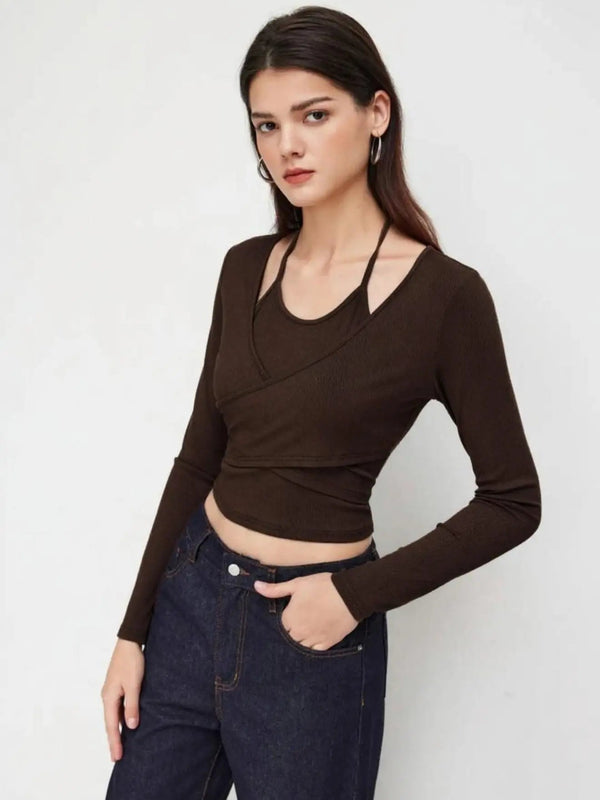 Istyle Can Brown Women’s Halter Neckline Knotted Cross-Wrap Crop Top (Copy) My Store