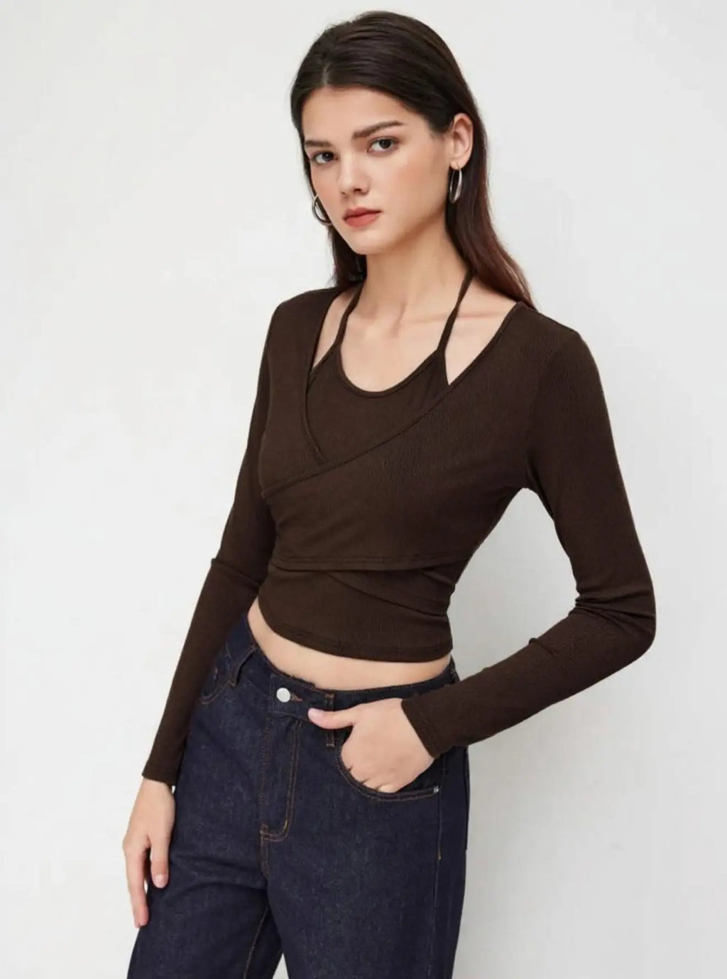 Istyle Can Brown Women’s Halter Neckline Knotted Cross-Wrap Crop Top (Copy) My Store