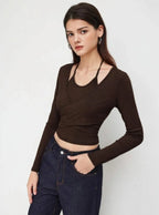 Istyle Can Brown Women’s Halter Neckline Knotted Cross-Wrap Crop Top (Copy) My Store
