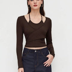 Istyle Can Brown Women’s Halter Neckline Knotted Cross-Wrap Crop Top (Copy) My Store