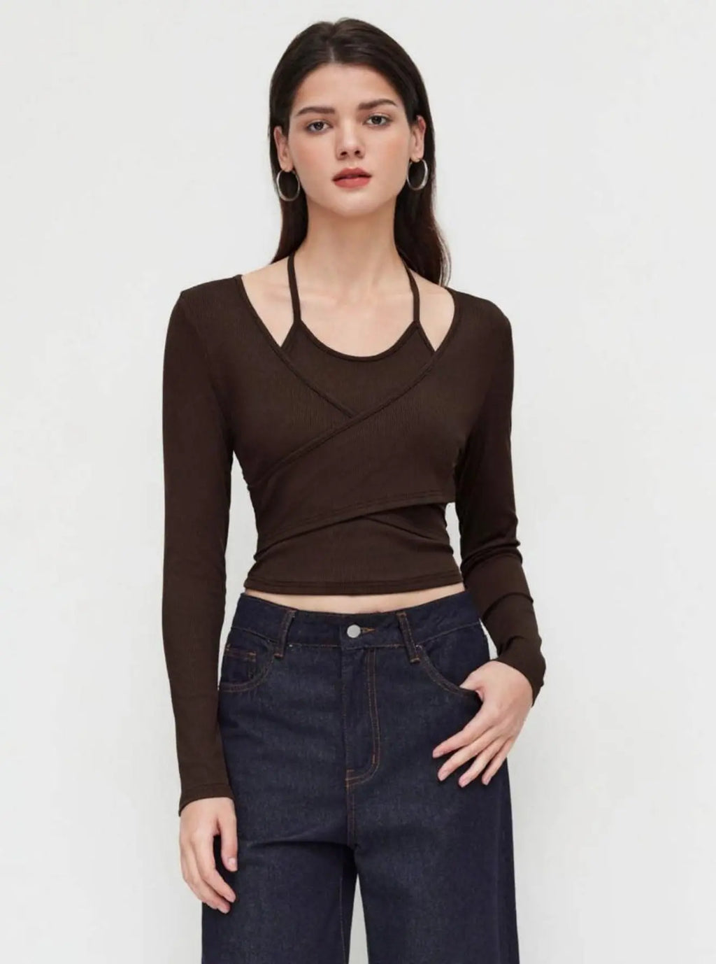 Istyle Can Brown Women’s Halter Neckline Knotted Cross-Wrap Crop Top (Copy) My Store