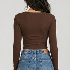 Istylecan Brown Ribbed Knit V-Neck Full Sleeve Crop Top for Women