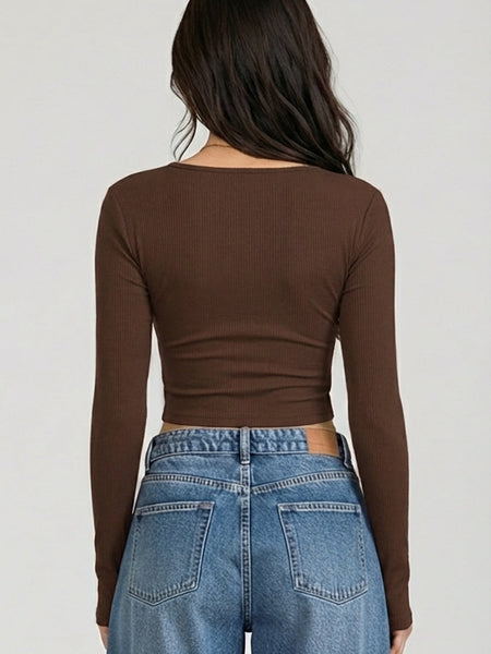Istylecan Brown Ribbed Knit V-Neck Full Sleeve Crop Top for Women