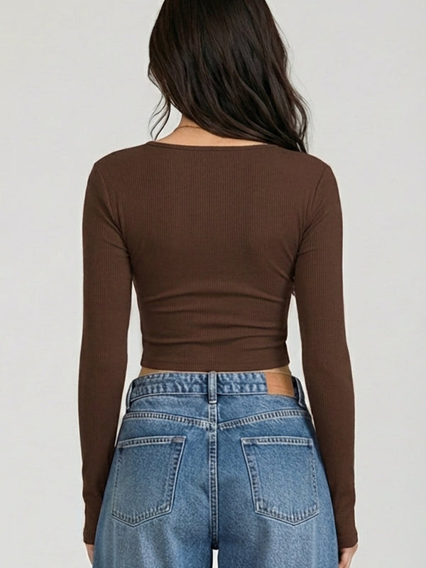Istylecan Brown Ribbed Knit V-Neck Full Sleeve Crop Top for Women