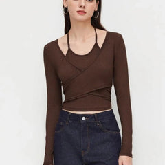 Istyle Can Brown Women’s Halter Neckline Knotted Cross-Wrap Crop Top (Copy) My Store