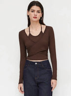 Istyle Can Brown Women’s Halter Neckline Knotted Cross-Wrap Crop Top (Copy) My Store