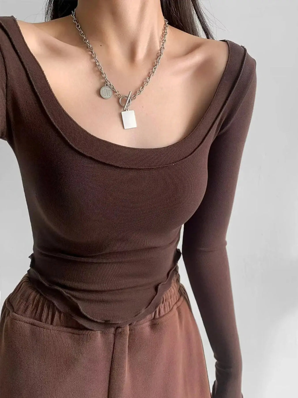 Istyle Can Brown Women’s U-Neck Long Sleeve Slim Fit Crop Top My Store