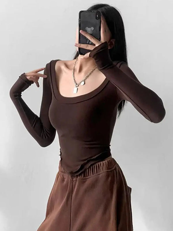 Istyle Can Brown Women’s U-Neck Long Sleeve Slim Fit Crop Top My Store