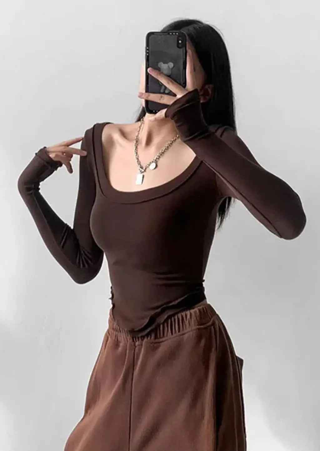 Istyle Can Brown Women’s U-Neck Long Sleeve Slim Fit Crop Top My Store