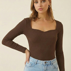 Istyle can-Women's Solid Ribbed Knit Sweetheart Neck Long Sleeve Top -BROWN