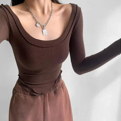 Istyle Can Brown Women’s U-Neck Long Sleeve Slim Fit Crop Top My Store