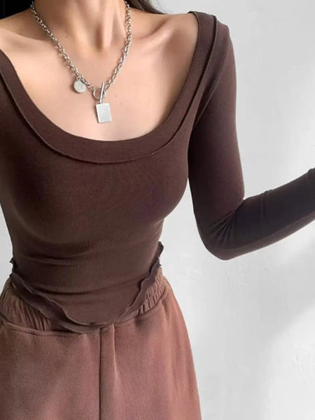 Istyle Can Brown Women’s U-Neck Long Sleeve Slim Fit Crop Top My Store