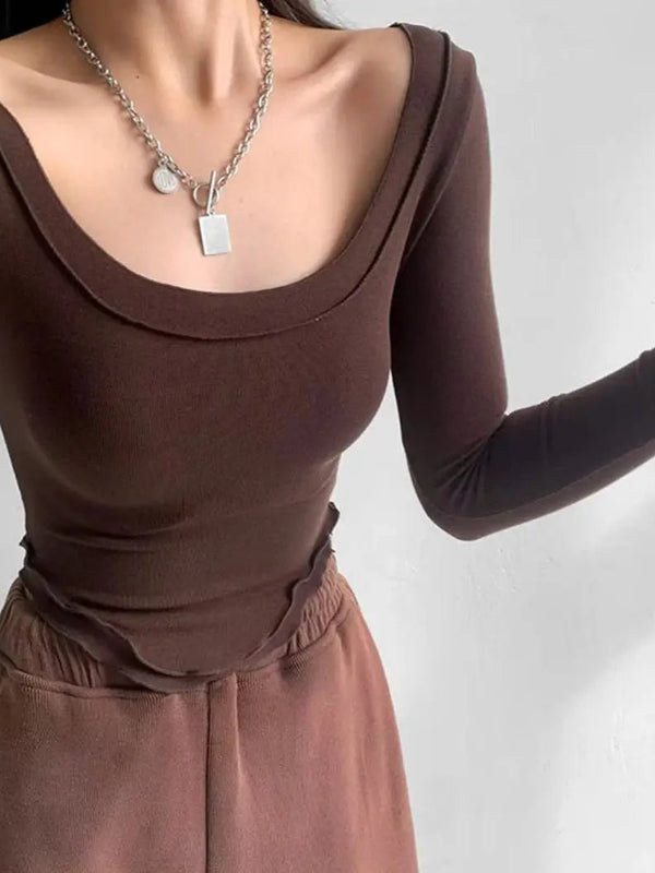 Istyle Can Brown Women’s U-Neck Long Sleeve Slim Fit Crop Top My Store