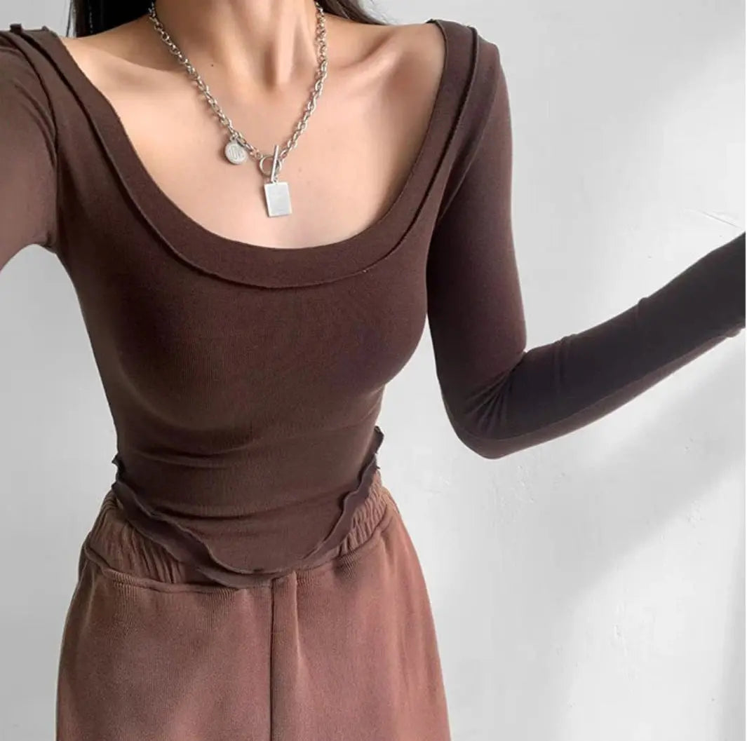 Istyle Can Brown Women’s U-Neck Long Sleeve Slim Fit Crop Top My Store