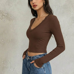 Istylecan Brown Ribbed Knit V-Neck Full Sleeve Crop Top for Women