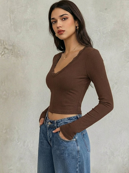 Istylecan Brown Ribbed Knit V-Neck Full Sleeve Crop Top for Women