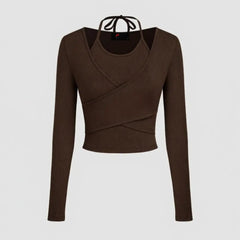 Istyle Can Brown Women’s Halter Neckline Knotted Cross-Wrap Crop Top (Copy) My Store