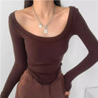 Istyle Can Brown Women’s U-Neck Long Sleeve Slim Fit Crop Top My Store