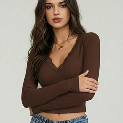 Istylecan Brown Ribbed Knit V-Neck Full Sleeve Crop Top for Women
