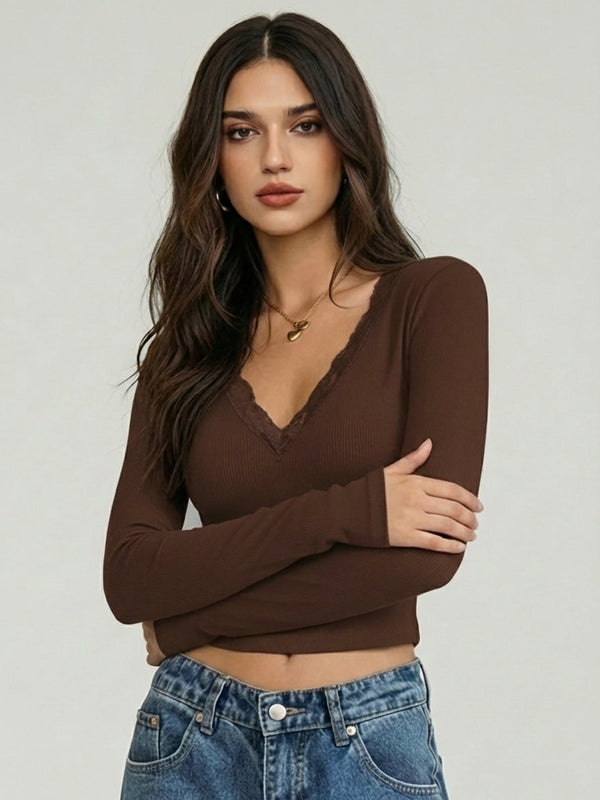 Istylecan Brown Ribbed Knit V-Neck Full Sleeve Crop Top for Women