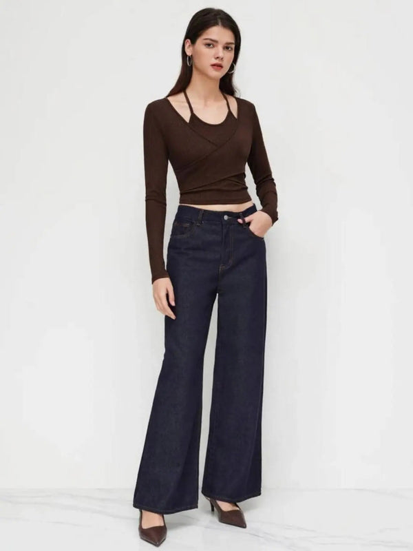 Istyle Can Brown Women’s Halter Neckline Knotted Cross-Wrap Crop Top (Copy) My Store