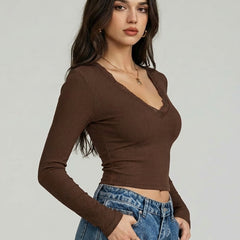 Istylecan Brown Ribbed Knit V-Neck Full Sleeve Crop Top for Women