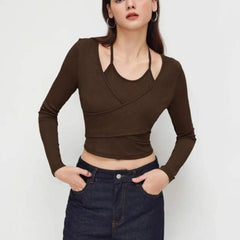 Istyle Can Brown Women’s Halter Neckline Knotted Cross-Wrap Crop Top (Copy) My Store