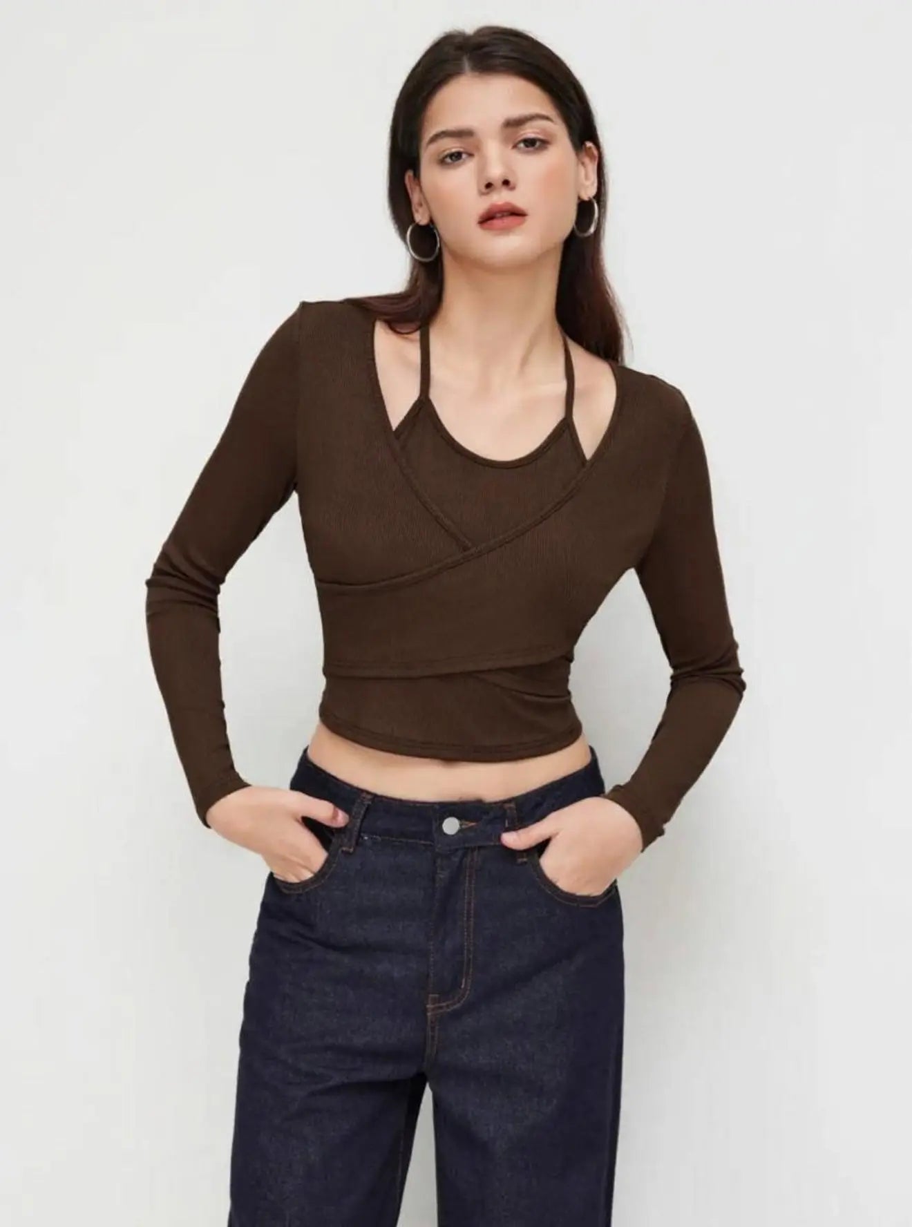 Istyle Can Brown Women’s Halter Neckline Knotted Cross-Wrap Crop Top (Copy) My Store