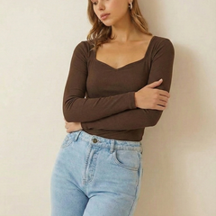Istyle can-Women's Solid Ribbed Knit Sweetheart Neck Long Sleeve Top -BROWN
