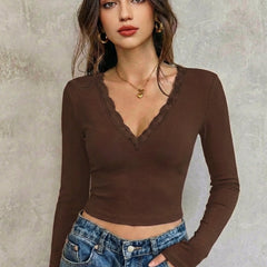 Istylecan Brown Ribbed Knit V-Neck Full Sleeve Crop Top for Women