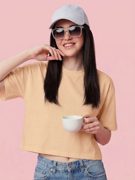 Istyle Can Women High GSM PC Cotton Boxy Crop T-Shirt Beige Front View