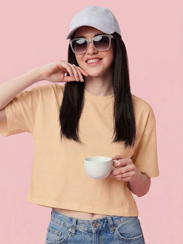 Istyle Can Women High GSM PC Cotton Boxy Crop T-Shirt Beige Front View