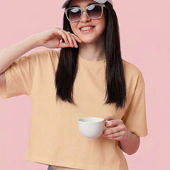 Istyle Can Women High GSM PC Cotton Boxy Crop T-Shirt Beige Front View
