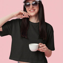 Istyle Can Women High GSM PC Cotton Boxy Crop T-Shirt Black Front View
