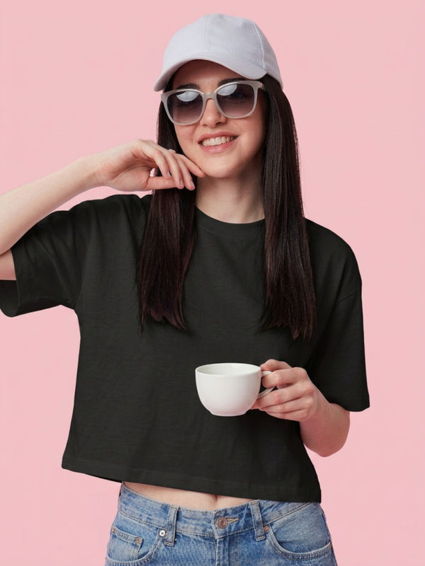 Istyle Can Women High GSM PC Cotton Boxy Crop T-Shirt Black Front View