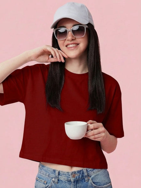 Istyle Can Women High GSM PC Cotton Boxy Crop T-Shirt Maroon Front View