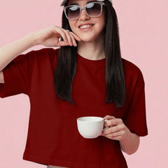 Istyle Can Women High GSM PC Cotton Boxy Crop T-Shirt Maroon Front View