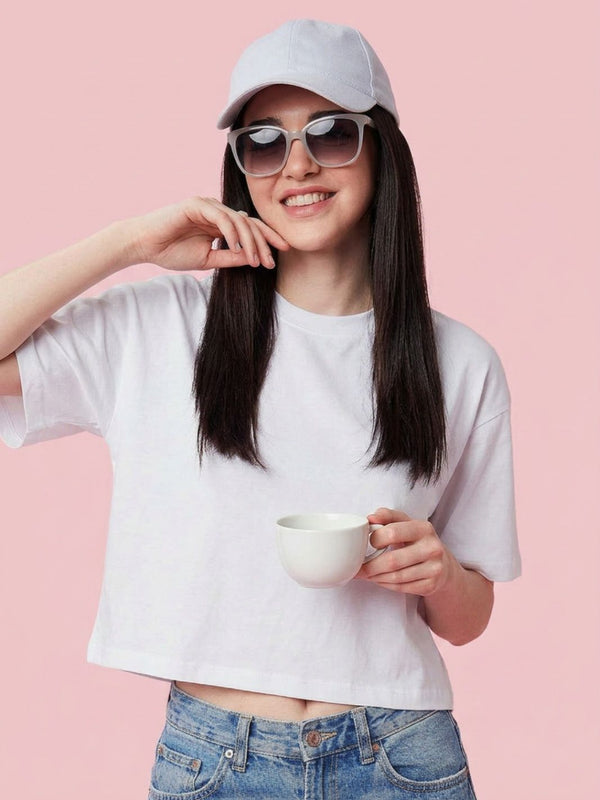 Istyle Can Women High GSM PC Cotton Boxy Crop T-Shirt White Front View