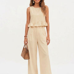 Beige peplum top and wide-leg trouser co-ord set front image