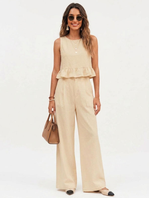 Beige peplum top and wide-leg trouser co-ord set front image