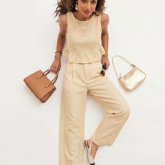 Beige peplum top and wide-leg trouser co-ord set additional image